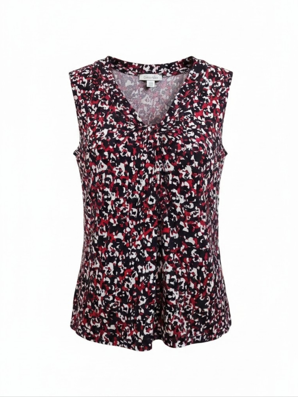 Calvin Klein Women's Sleeveless V-neck Blouse Top - Black, Red and White Pattern